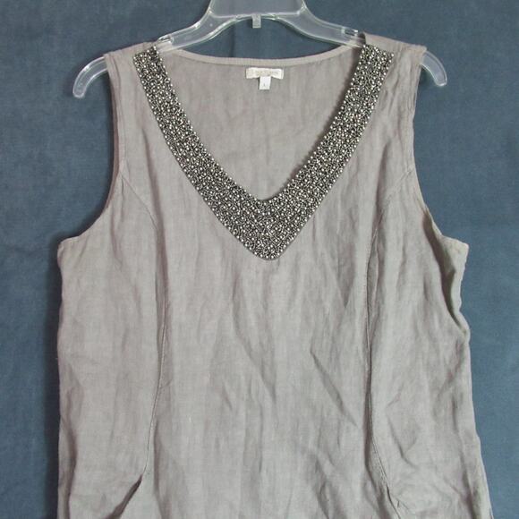 Lina Tomei Dress Large Taupe Linen Beaded Stretch Knit Career Sustainable Italy - Picture 2 of 9